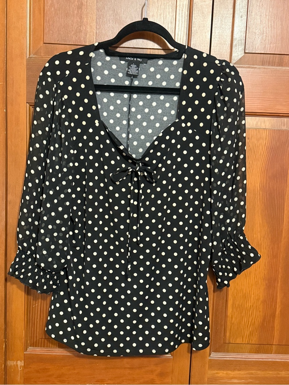 Size L Adele & May Black Polka Dot Peasant Blouse Sheer Puff Sleeves Knit Bodice